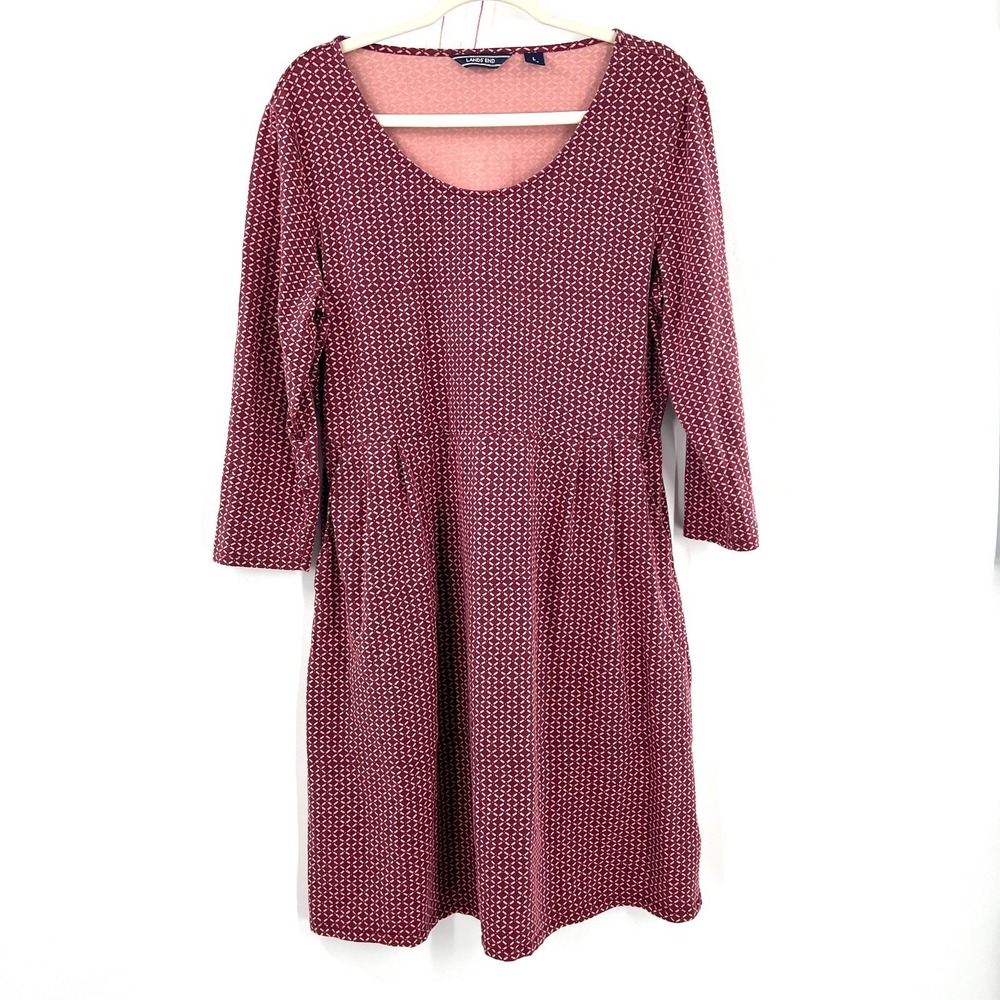 Land's End long sleeve fit & flare pleated dress abstract maroon‎ pink L 14 16